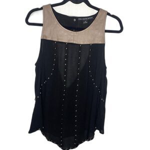 HYFVE Blouse Faux Leather Sheer Studded Open Back Sleeveless Womens M Black Tan